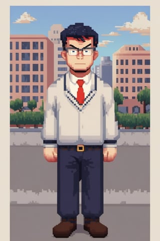 Pixel style image of full body tenxiida character, serious male, wearing glasses, in a school uniform, background of city buildings
