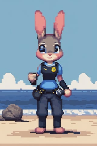 Full body pixel style image of jxdhxps character, police outfit, pixel style, background of a beach