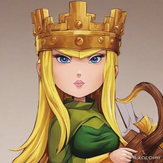 close up anime drawing of woman Donald Trump wearing qxcocxcr cosplay, Clash of Clans text