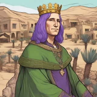 close up of sketch George Washington with purple hair wearing a crown in a green dress, in a desert village