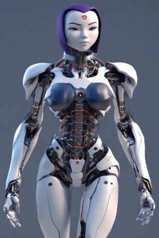 full body 3d model of ttrvn character with cyborg enhacements, hands out of scene, cyborg, 3d model style, robotic body, perfect anatomy, cyborg style