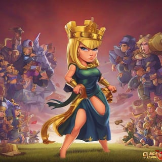 close up cartoon drawing of woman Donald Trump wearing qxcocxcr cosplay, Clash of Clans text