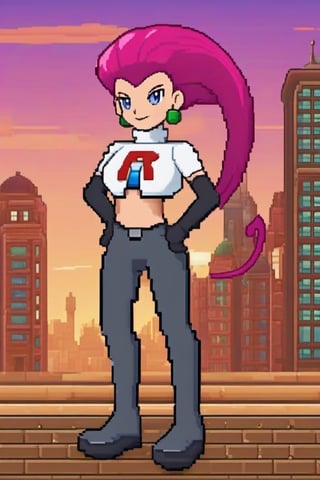 fully body, pixel art style image of pkjes character from pokemon, wearing casual clothing, pixel art style, background of city buildings, tall