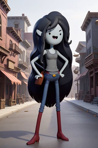 3d model style image of Marceline from Adventure Time cartoon show, open_mouth, no_nose, wearing a cowboy outfit, background of a late 1800s city, grey skin color
