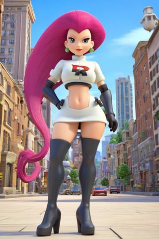 fully body, 3d style image of pkjes character from pokemon, 3d style, wearing sexy clothing, background of city buildings, tall