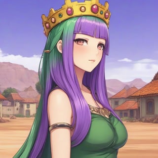 close up of anime woman with purple hair wearing a crown in a green dress, in a desert village