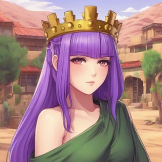 close up of anime woman with purple hair wearing a crown in a green dress, in a desert village