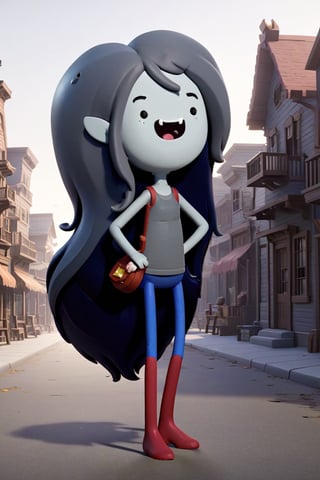 3d model style image of Marceline from Adventure Time cartoon show, open_mouth, no_nose, wearing a cowboy outfit, background of a late 1800s city, grey skin color
