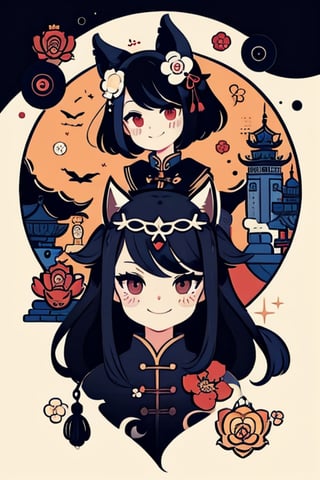 seamless pattern, line_drawing, cartoon,comic_book_cover, PixelArt,shanze, A Traditional chinese Art, complicated_background,  year of rat, lunar new year decorated, 1girl, lolita face, full_body, light smile, detail eyes and skin, female_solo, animal in bg, clean bg, cute00d,game icon,Animal, the Chinese Zodiac,Circle bg, iconic, game chracter,Circle, cut animal ears