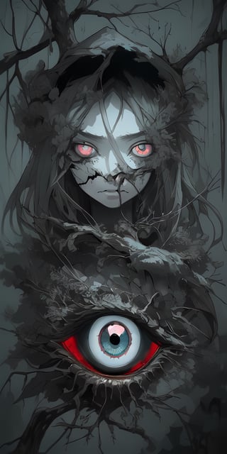 Image of a tree with eyes hanging from the branches, in the style of dystopian realism, drip painting, dark and gritty cityscapes, eerily realistic, hauntingly beautiful illustrations, shiny eyes, fantasy illustrations with an eye on it, eyeball growing form tree branch, eyeball, ( all seeing eye ), all - seeing eye, kaethe butcher, 3rd eye, stalk eyes, single eye, all seeing eye, illustration in pen and ink, inspired by Ren Xun, pen and ink work. sharp focus, No people no face