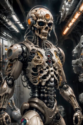 absurdres, intricate details, masterpiece, best quality, high resolution, 8k, (a full body skeleton in astronaut spacesuit:1.2), (skull:1.3), (broken helmet:1.4), (colored light bulbs:1.3), spacesuit, lunar surface, craters, black sky, stars, detailed face, detailed body, shot on camera Canon 1DX, 50 mm f/2.8 lens, raw,Movie Still,biopunk style,Ultron ,mushroomfantasy,mecha