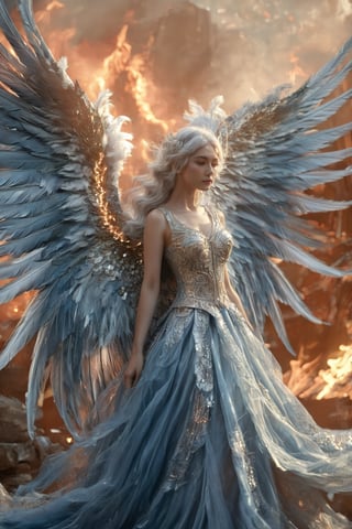 A majestic female figure with silver hair, adorned with a pair of large, feathered wings. She wears a shimmering blue dress with intricate silver patterns. Above her head, there's a circular halo with a golden flame at its center. The background is ethereal, with a blend of cool and warm tones, suggesting a celestial or otherworldly setting.