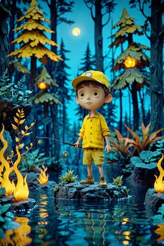 A whimsical, animated scene set in a forest-like environment. A character, resembling a young boy, stands on a small rock or island in a serene body of water, holding a fishing rod. He wears a yellow outfit and a cap. Behind him, towering trees with glowing eyes loom, and the ambiance is illuminated by a soft, blueish hue. The water reflects the surroundings, and there are orange flame-like plants growing near the water's edge.