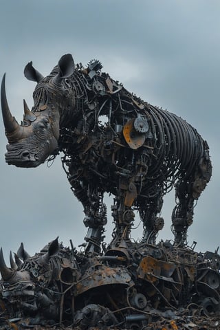 A towering, intricately constructed mechanical rhinoceros standing atop a mound of discarded metal and debris. The rhinoceros appears to be made of various metal parts, wires, and tools, giving it a skeletal and mechanical appearance. The background is overcast, adding a somber and post-apocalyptic feel to the scene.
