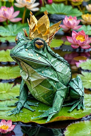 An intricately crafted origami frog, adorned with a golden crown. The frog is seated on a green leaf, surrounded by water with tiny droplets. In the blurred background, there are vibrant flowers, possibly lotuses, adding a touch of color and life to the scene.