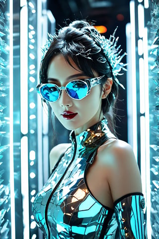 A beautiful young woman is wearing metal for the futurist, cyberpunk, futuristic technology, and girls holding weapons in dazzling colors, wearing science fiction glasses, in the style of yuumei, light turquoise and light silver, waist shot, 8k resolution, joong keun lee, tanya shatseva, light acade, smile, (oil shiny skin:0.8), (big breast:0.8), (perfect anatomy, prefecthand, long fingers, 4 fingers, 1 thumb), 9 head body lenth, breast apart, looking at viewer, (upper_body:0.8), (view_from_behind:1.5), ,shards