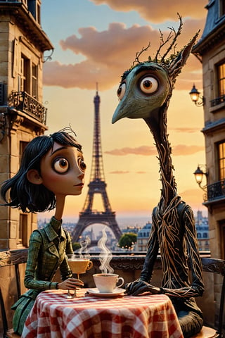 A whimsical scene set against a backdrop of a European city, possibly Paris, with the iconic Eiffel Tower visible in the distance. In the foreground, there's a small animated character with dark hair, sitting at a table with a cup of steaming beverage. Across from this character is a tall, slender, and mysterious creature with large, bulging eyes, resembling a tree or plant-like being. The two are seated at a cafe, with the table set with a checkered tablecloth and two cups of steam rising from them. The ambiance is warm, with a golden hue enveloping the scene, suggesting either dawn or dusk.