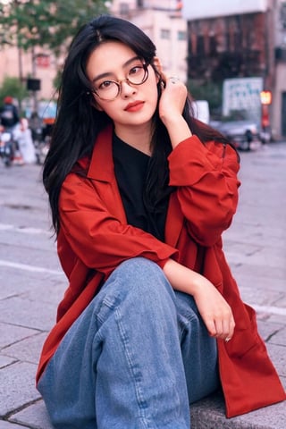 1girl, solo, long hair, looking at viewer, black hair, jewelry, sitting, closed mouth, jacket, outdoors, glasses, pants, blurry, bracelet, lips, coat, head tilt, blurry background, red jacket, realistic, round eyewear, photo background