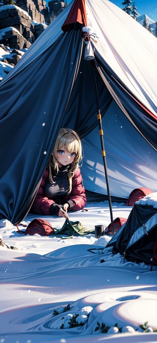 A cinematic scenic view of a girl is setting up the tent for her wild camping tent, looks at the viewer, blonde and curvy hair, Alpine of the mountain, snow, white