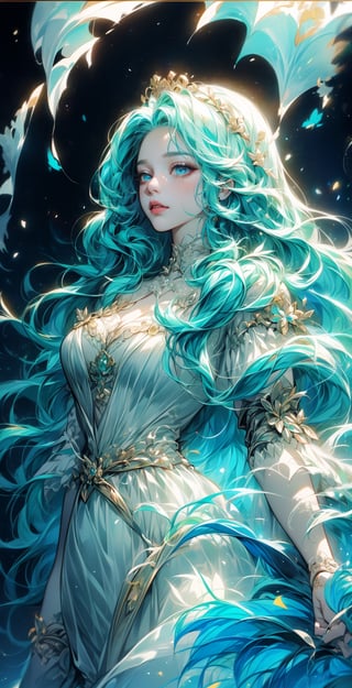 ((best quality)), ((masterpiece)), ((best illustration)), ((anime artwork)), Odette from the swan princess, long cascading blonde hair, long hair, curly hair, detailed green eyes, bright green eyes, Wearing alluring medieval-styled dress, flowing white dress with teal puffed sleeves and teal belt, dress enhanced by intricate details, wearing gold heart-shaped locket, Alluring, sweet, on eye level, scenic, masterpiece, 1 girl, hyperdetailed face, full lips, background is stone bridge and waterfall