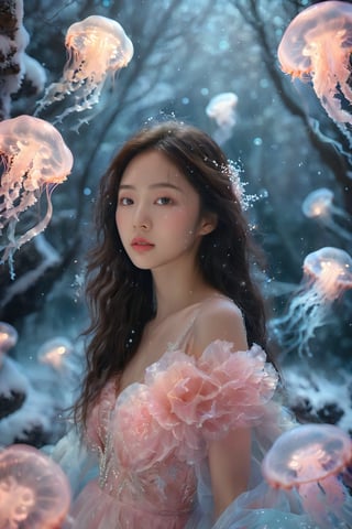 An Asian young woman with long flowing hair, adorned in a delicate silver gown, surrounded by a mesmerizing snow-covered forest environment. She stands amidst a dance of luminescent jellyfish, which glow in hues of pink and blue. The backdrop is a frozen landscape, punctuated by the soft glow of bioluminescent snowflakes and the gentle fall of snow. The woman's gaze is distant, as if lost in thought, while the jellyfish float gracefully around her, creating an ethereal and dreamlike atmosphere.