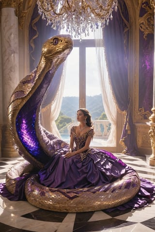 A woman adorned in a royal purple gown, seated in a lavish ballroom with grand, marble floors. She is accompanied by a large, golden, serpentine creature with intricate scales and jewel-like adornments. The ballroom is illuminated by a massive chandelier, casting a warm glow, and there are tall, arched windows in the background. The woman's expression is calm and contemplative, and the creature seems to be gently resting against her.