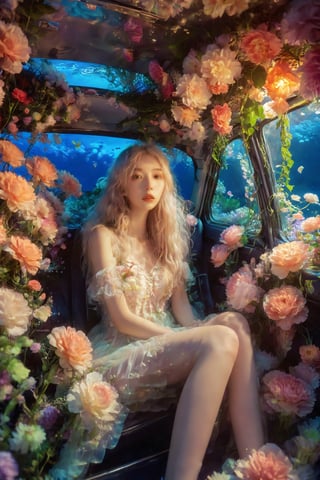 The interior of an old car, many beautiful blooming flowers, the car covered with plant vines, the interior of the car, a girl with long hair sitting in the car, the car is sunk at the bottom of the sea, beautiful flowers and coral reefs, many jellyfish surround the girl, flower car, in car,anime,underwater,emo