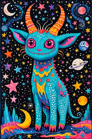 A vibrant and whimsical creature with a turquoise body, large pink eyes, and sharp teeth. It has two horns on its head and is adorned with various patterns and colors. The creature stands amidst a cosmic backdrop filled with stars, planets, and a smiling moon. There are abstract shapes and patterns surrounding the creature, including wavy lines, stars, and other celestial elements. The overall mood of the image is playful and dreamy.