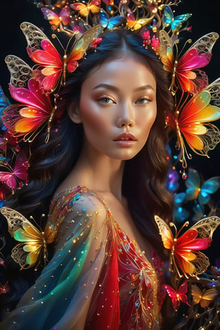 fashion shoot, beautiful goddess, perfect sweet face and eyes, Alcohol ink, splatter art, multicolor oil painting, Miki Asai Macro photography, long blowing hair, Fantastic Realism and Sharp Focus, Mysterious Filigree Elements, filigree red drops, filigree multicolored buterflies, Glowing Accents, fantasy art, watce, golden appear naturally, symmetrical, glowing crystals