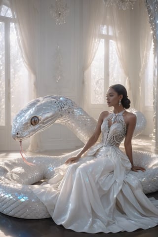 A woman adorned in a silvery white gown, seated in a modern, minimalist room with sleek, white furniture. She is accompanied by a large, pearl white, serpentine creature with intricate scales and jewel-like adornments. The room is illuminated by soft, ambient lighting, and there are large windows in the background. The woman's expression is calm and contemplative, and the creature seems to be gently resting against her.