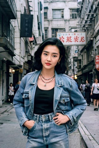 1girl, solo, looking at viewer, short hair, skirt, black hair, jewelry, jacket, earrings, necklace, black eyes, hand on hip, denim, blue jacket, realistic, denim jacket,aargoldhk