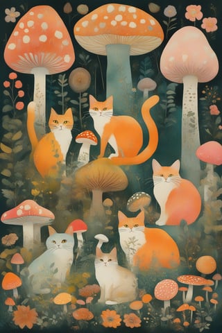 A whimsical forest scene with four cats of varying colors and designs. They are surrounded by a myriad of objects, including mushrooms, flowers, trees, and other flora. The cats are positioned in different areas, with one sitting on a mushroom, another standing amidst the flowers, and the other two resting on the forest floor. The color palette is vibrant, with shades of orange, pink, white, and green dominating the scene. The overall ambiance is playful and magical.