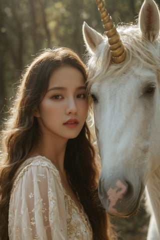 A close-up of a young woman and a white unicorn. The woman has long, wavy hair and is wearing a delicate lace dress. She is positioned closely to the unicorn, with her face almost touching its forehead. The unicorn has a golden horn and its mane is flowing, with some strands covering the woman's face. The background is blurred, emphasizing the subjects, and appears to be an outdoor setting with trees.