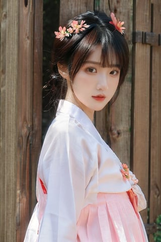 1girl, solo, outdoor, cute korean model girl, hanbok, hair ornament, looking at viewer, hair flower, brown eyes, bangs, masterpiece, best quality, realistic