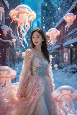 A mesmerizing winter scene in a futuristic city. Tall skyscrapers, adorned with vibrant holographic jellyfish, dominate the backdrop. Snow blankets the ground, and a few trees stand tall amidst the urban landscape. In the foreground, a female figure with flowing hair and a detailed dress stands, gazing up at the luminescent jellyfish. She's surrounded by a serene ambiance, with a few distant figures walking on the snow-covered path. The entire scene is bathed in a soft, ethereal light, creating a dreamlike atmosphere.