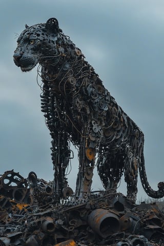 A towering, intricately constructed mechanical jaguar standing atop a mound of discarded metal and debris. The jaguar appears to be made of various metal parts, wires, and tools, giving it a skeletal and mechanical appearance. The background is overcast, adding a somber and post-apocalyptic feel to the scene.
