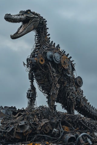 A towering, intricately constructed mechanical crocodile standing atop a mound of discarded metal and debris. The crocodile appears to be made of various metal parts, wires, and tools, giving it a skeletal and mechanical appearance. The background is overcast, adding a somber and post-apocalyptic feel to the scene.
