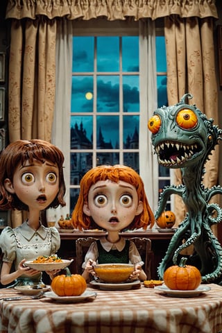 Three animated characters seated at a table in a dimly lit room. On the left, there's a female character with brown hair, wearing a white dress, holding a bowl of soup. In the center, a large, menacing creature with multiple eyes, sharp teeth, and tentacles is depicted, seemingly in a state of surprise or shock. On the right, there's a male character with orange hair, wearing a shirt and tie, holding a plate of food. The table has various items, including a pumpkin, a glass of liquid, and a bowl of soup. The background reveals a window with curtains and a wall with a framed picture.