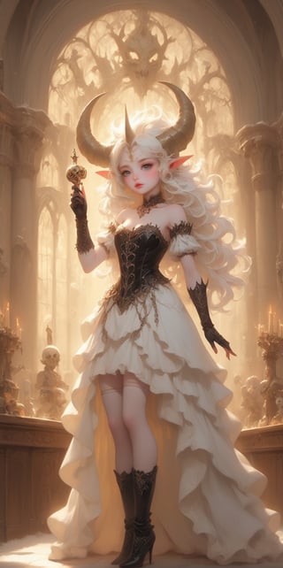 albino demon little queen, (long intricate horns), a sister clad in gothic punk attire, her face concealed behind a striking masquerade mask. She exudes an air of mystery and allure as she moves gracefully through the dimly lit corridors of the cathedraragon-themed,Christmas Fantasy World