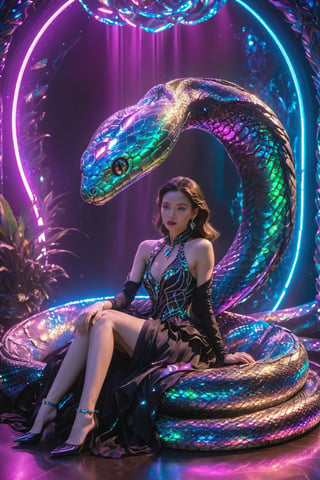 A woman adorned in a midnight black gown, seated in a futuristic room with holographic displays. She is accompanied by a large, iridescent, serpentine creature with intricate scales and jewel-like adornments. The room is illuminated by neon lights, casting a vibrant glow, and there are metallic walls in the background. The woman's expression is calm and contemplative, and the creature seems to be gently resting against her.