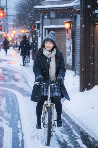 Schoolgirl riding a bike on a winter street. She is bundled up in warm winter attire, possibly wearing a school uniform with a coat, scarf, and gloves. The winter setting is characterized by the chilly air and perhaps falling snowflakes. The scene captures the energy of a schoolgirl commuting on a bicycle during the brisk winter months, combining the elements of daily life, seasonal attire, and transportation,japan,dream_girl