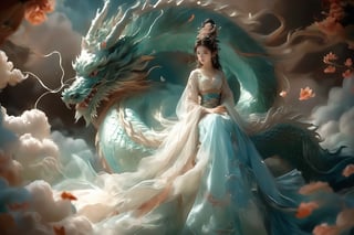 A whimsical scene unfurls: xxmixgirl, resplendent in flowing white robes, sits serenely atop the magnificent white dragon's back, as it rises from a plush carpet of fluffy clouds against a serene light blue sky. The dragon's sharp teeth and piercing eyes gleam softly, while xxmixgirl's tranquil posture, stomach held, exudes peaceful contemplation amidst this dreamlike tableau.,dunhuang