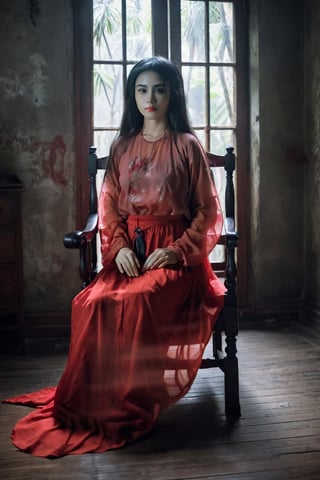 horror (theme), masterpiece,(masterpiece, top quality, best quality, ((no humans)), scenery, red theme, night, vietnamese woman
,ghost, transparent, indoors, ((sitting in a chair)), ao_yem, transparent,xxmix_girl