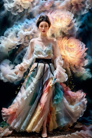 Inspired by photography from Vogue magazine, On a cloudy day, a woman is wearing a romantic transparent gauze, like clouds, a colorful long skirt, the woman's face is looming, the atmosphere is like smoke and a dream, it is indescribably beautiful.