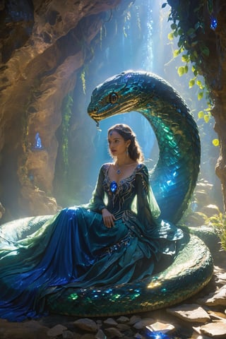 A woman adorned in a deep green gown, seated in a mystical cave with glowing crystals embedded in the walls. She is accompanied by a large, sapphire blue, serpentine creature with intricate scales and jewel-like adornments. The cave is illuminated by the crystal's luminescence, and there are stalactites hanging in the background. The woman's expression is calm and contemplative, and the creature seems to be gently resting against her.