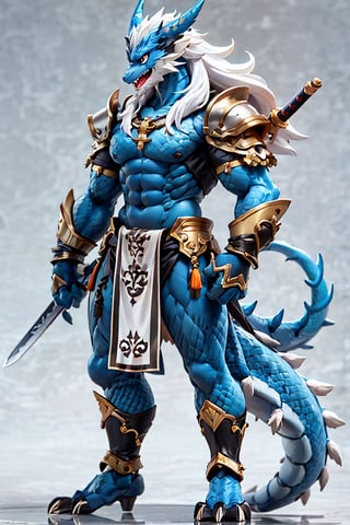 solo, long hair, blue eyes, 1boy, very long hair, standing, tail, full body, weapon, white hair, male focus, horns, sword, grey background, armor, colored skin, shoulder armor, claws, pelvic curtain, furry, pauldrons, blue skin, dragon tail, vambraces, scales, furry male, loincloth, monster boy, digitigrade