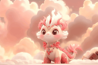 solo, looking at viewer, red eyes, jewelry, closed mouth, tail, full body, necklace, no humans, gem, pink dragon, clouds