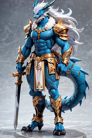 solo, long hair, blue eyes, 1boy, very long hair, standing, tail, full body, weapon, white hair, male focus, horns, sword, grey background, armor, colored skin, shoulder armor, claws, pelvic curtain, furry, pauldrons, blue skin, dragon tail, vambraces, scales, furry male, loincloth, monster boy, digitigrade