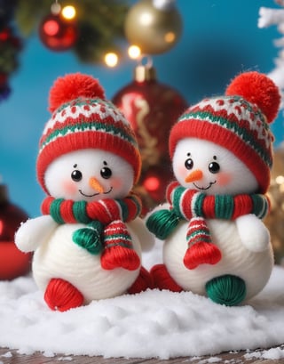 a detailed view photo of Little snowmen knitted on soft snow on the background of Christmas decorations,w00len