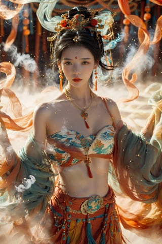 1girl, solo, looking at viewer, black hair,  bare shoulders, jewelry, standing, earrings, necklace, light particles, shawl, red lips, dunhuang, smoke,dunhuang